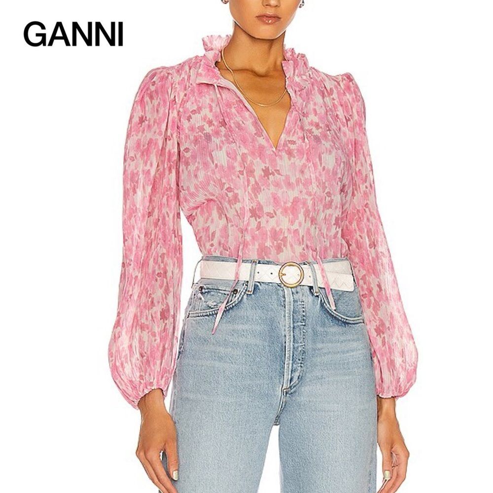 GANNI Pleated Georgette Floral Blouse Top Balloon Sleeve Ruffle Boho FR 36 US 4